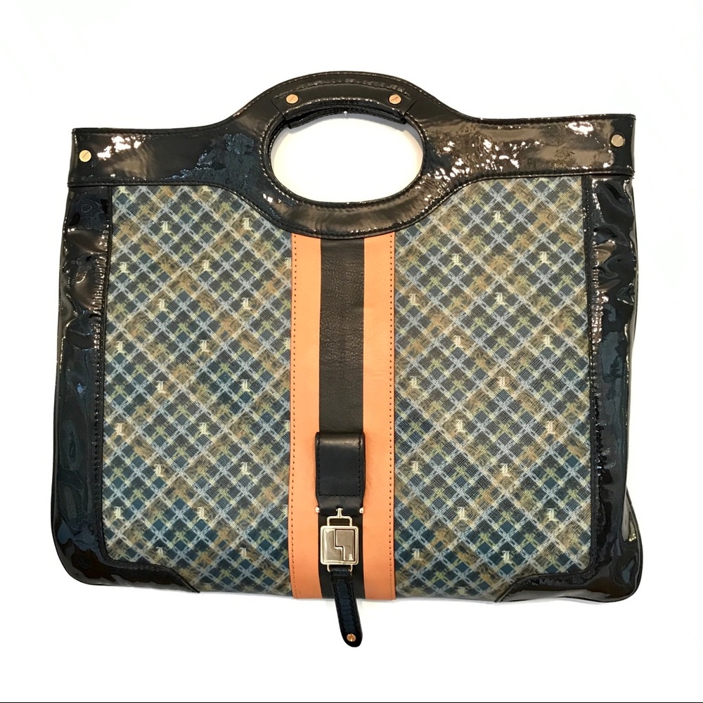 L.A.M.B. Gwen Stefani plaid patent tote clutch